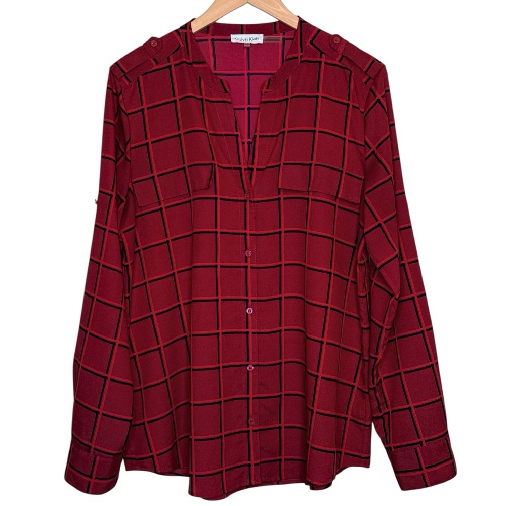 Calvin Klein Epaulette Shadow Windowpane Button-Down Shirt With Roll Tab Sleeve - Picture 8 of 8